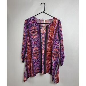 NY Collection Women Geo Print Tunic Top Blouse Shirt Long Sleeve Size L